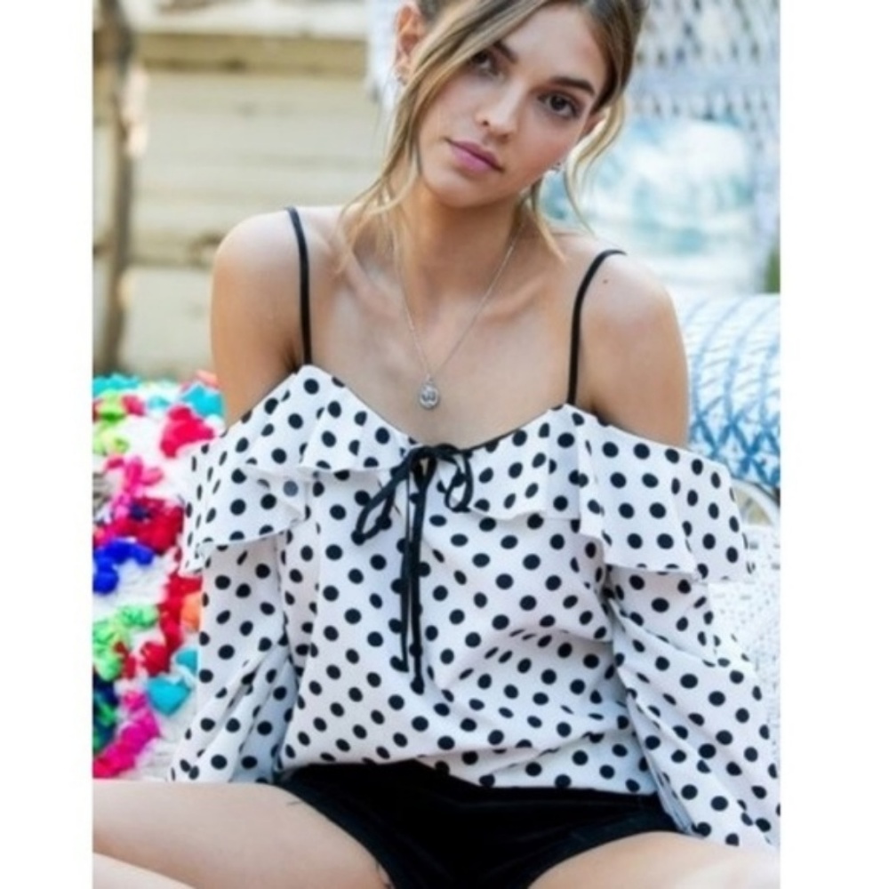 On The Spot Polka Dot Cold Shoulder Blouse Top - Picture 1 of 7